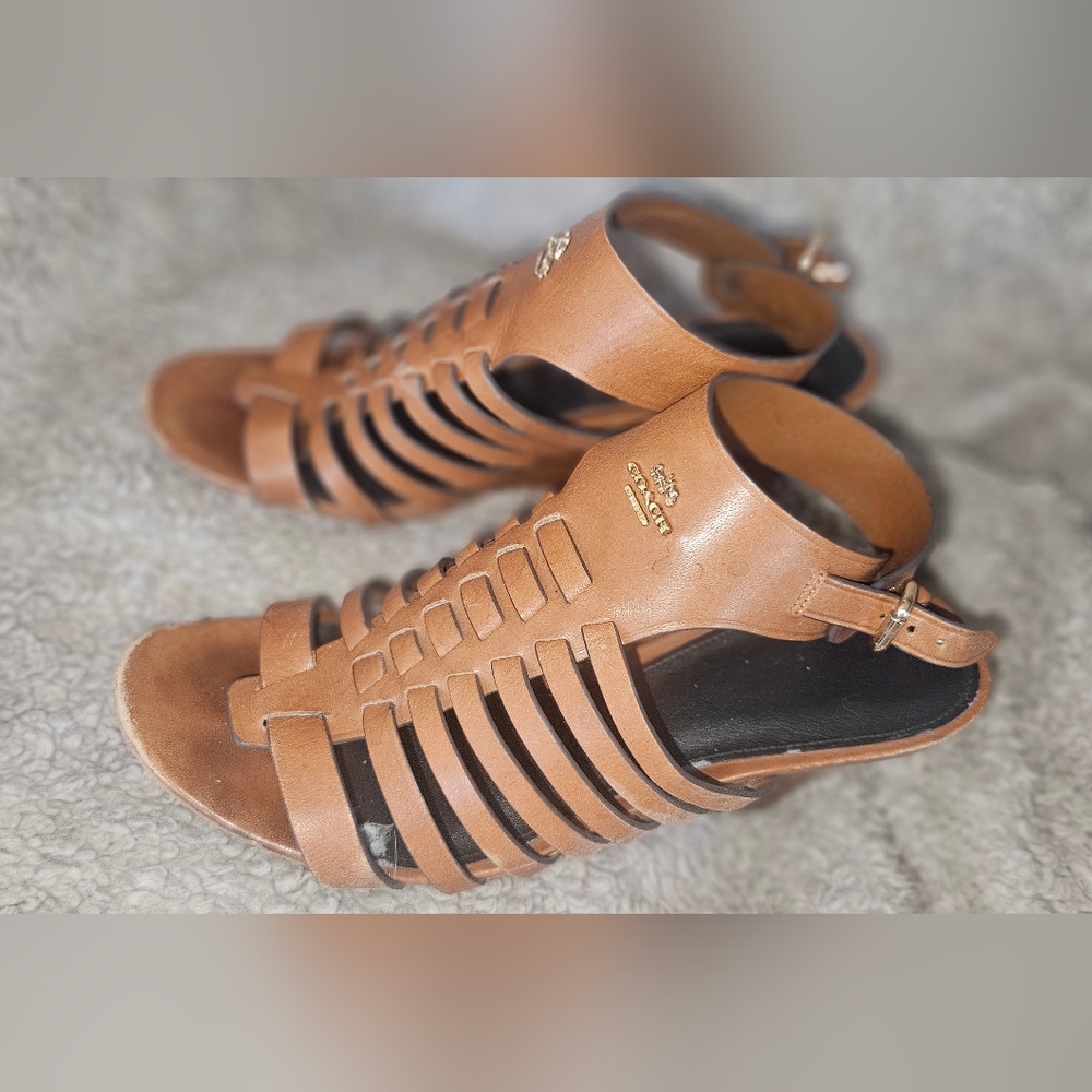 Coach Ruby Wedges Brown Leather Gladiator Sandals Ankle Strap Sz 7.5B